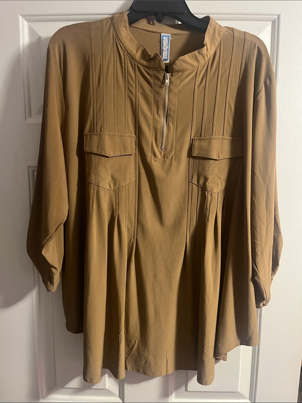 Ashley Blue Pintuck Half-Zip Tunic in Camel Brown